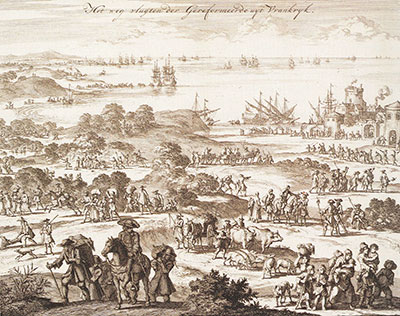Die Flucht der Hugenotten aus Frankreich 1696. Kupferstich von Jan Luyken.